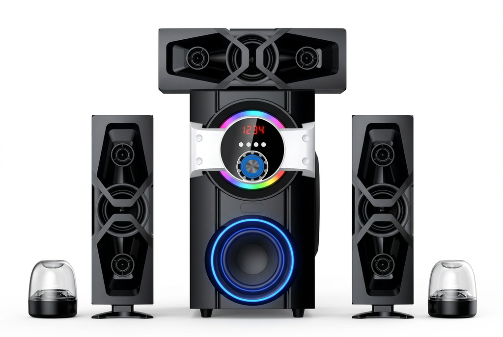 Amtec AM-310 3.1CH 12000W PMPO Multimedia Speaker System - Full System Front View with Blue LED and RGB Lighting