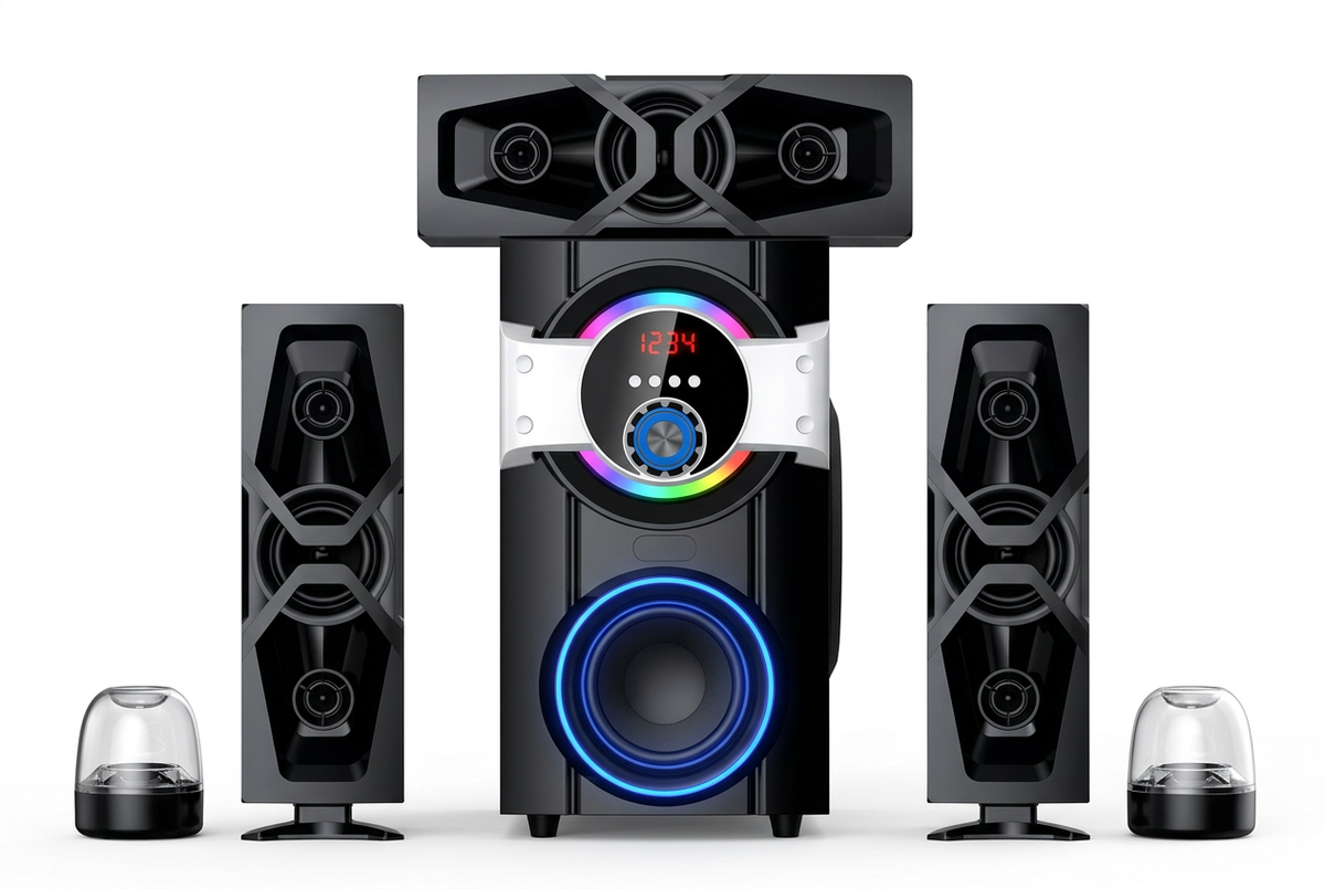 Amtec AM-310 3.1CH 12000W PMPO Multimedia Speaker System - Full System Front View with Blue LED and RGB Lighting