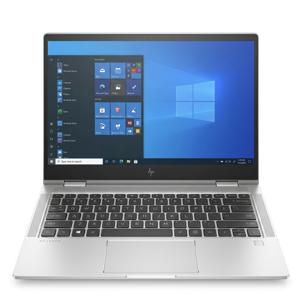 Open silver HP laptop showing keyboard and screen on white.
