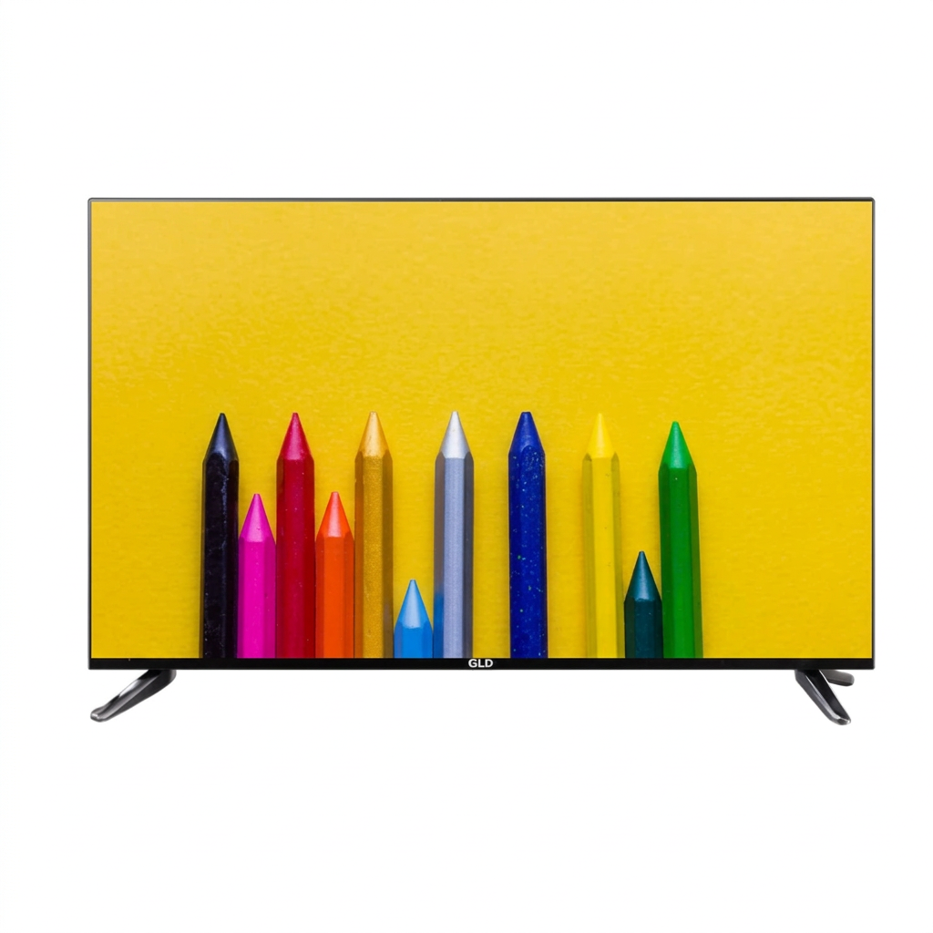 AI-edited GLD 32-inch TV on white with illustrative colourful pencil screen content.