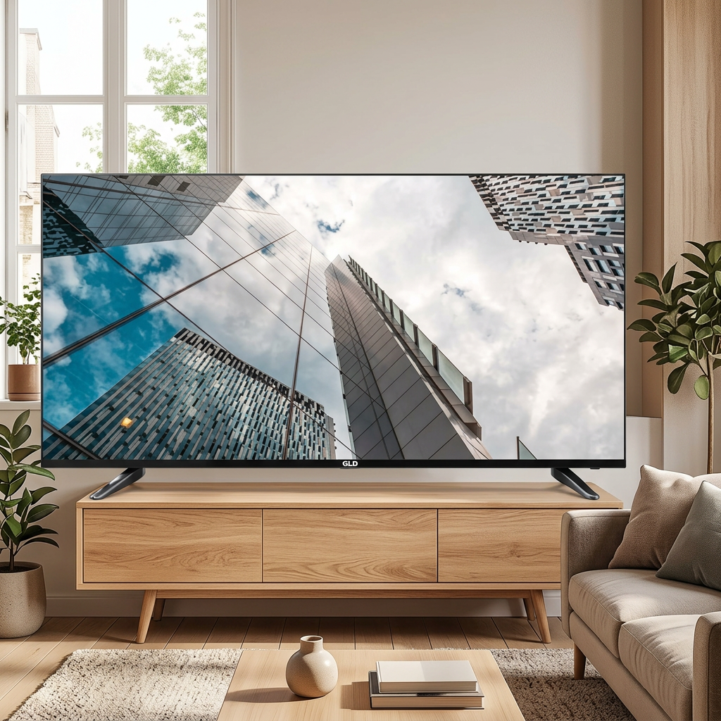 AI-edited GLD TV living-room illustration; screen illustrative and furniture not included.