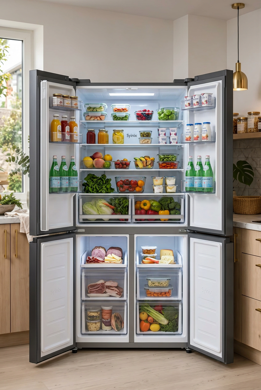 Syinix 421 Litres Glass Four Door Refrigerator - Open Doors with Stocked Interior