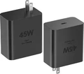 Black Samsung 45W adapter with two flat plug pins, shown from two angles on white; sold individually