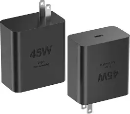 Black Samsung 45W adapter with two flat plug pins, shown from two angles on white; sold individually