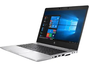 Silver HP laptop open at a three-quarter angle on a white background.