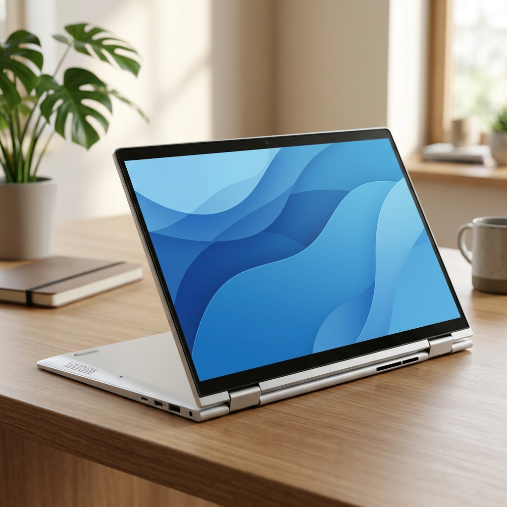 AI-generated reference-based HP EliteBook x360 in tent mode on an illustrative office desk