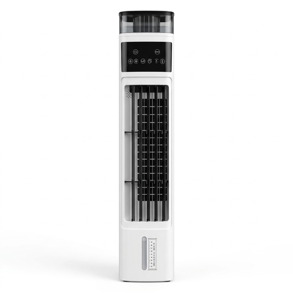 AI-edited reference-based Starworth white tower air cooler normal studio view