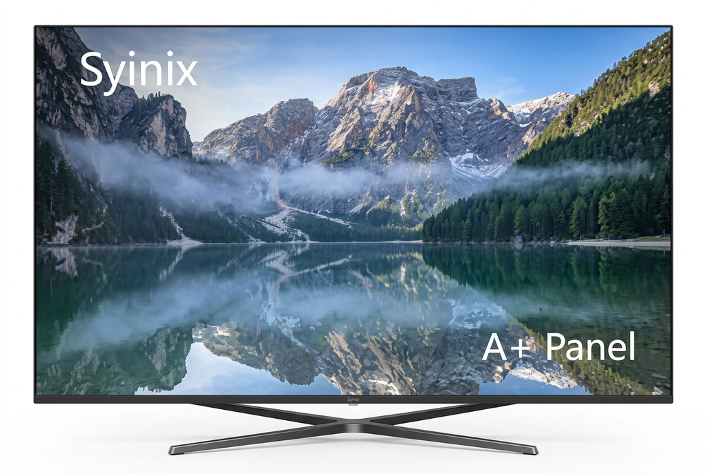Syinix 50 Inch Smart TV - Front View with Mountain Lake Scene