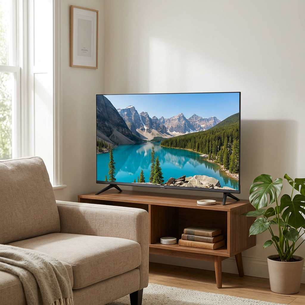 AI-edited Vitron 32-inch TV in living room; furnishings not included.
