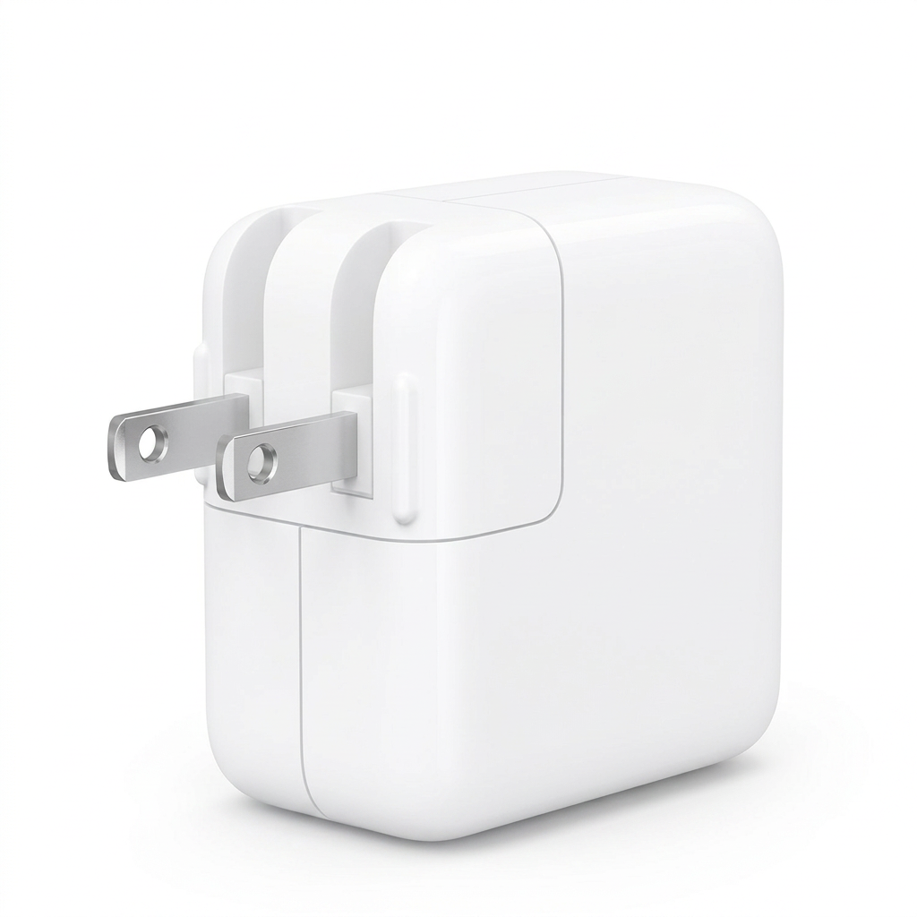AI-edited merchant reference of white Apple 30W adapter with two flat US plug pins on white