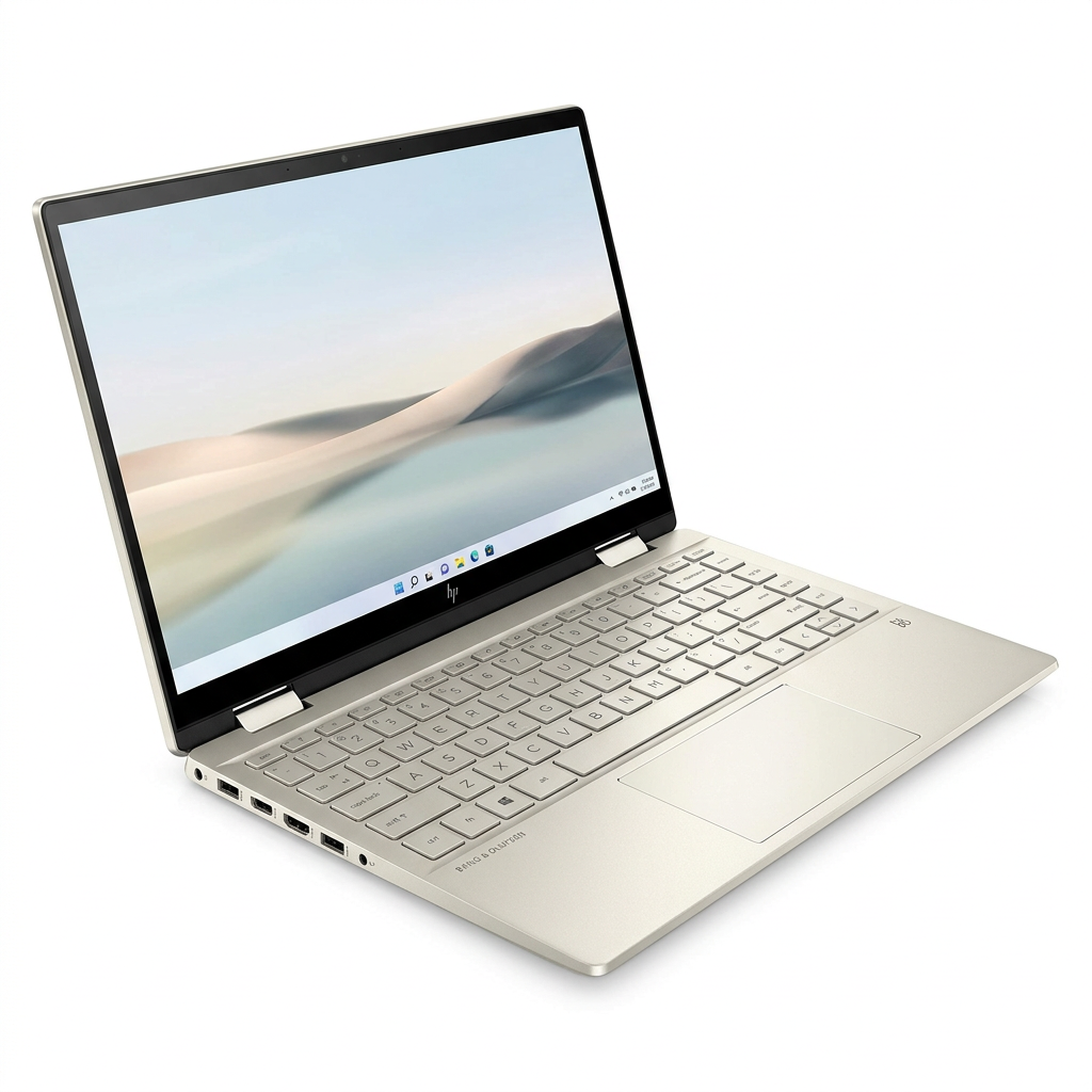 Silver HP Pavilion laptop open with screen and keyboard visible on white.