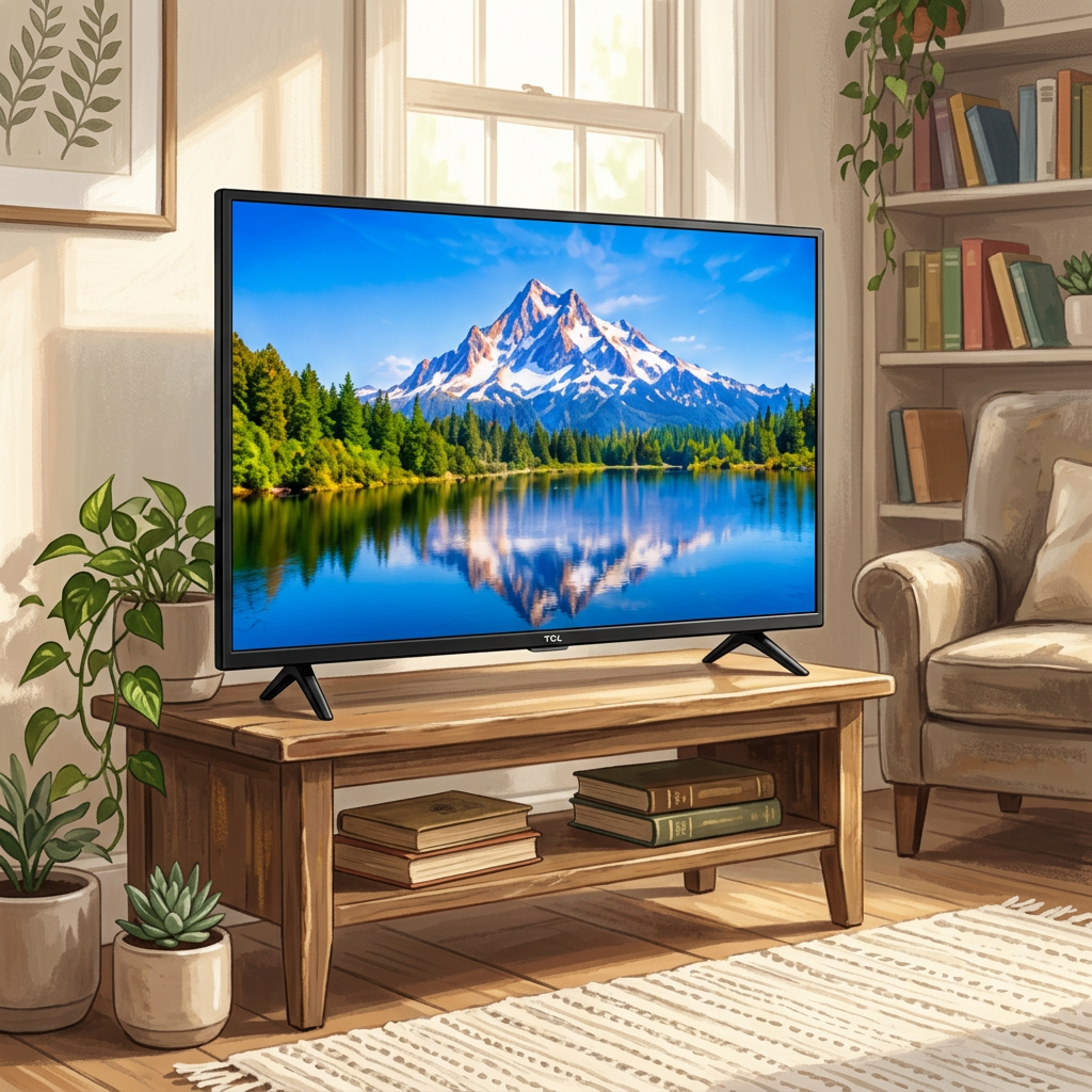AI-edited TCL TV on wood console in cozy room; screen illustrative and furnishings not included.