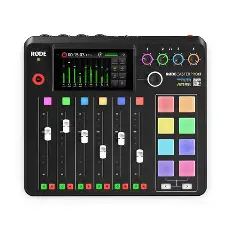 Black RØDECaster Pro II audio console with six faders, colour display and eight illuminated pads