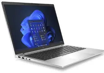Silver HP laptop open at an angle on a white background.