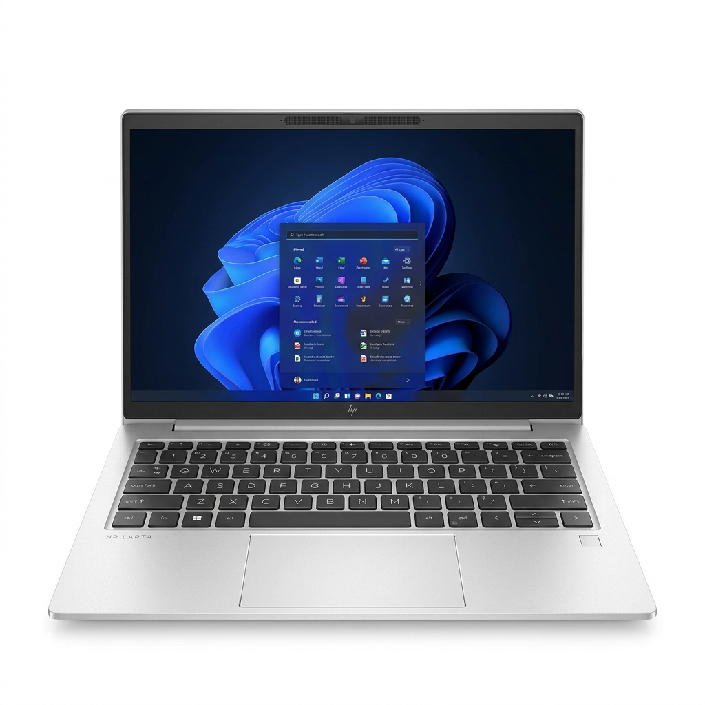 Open silver HP laptop showing keyboard and screen on a white background.