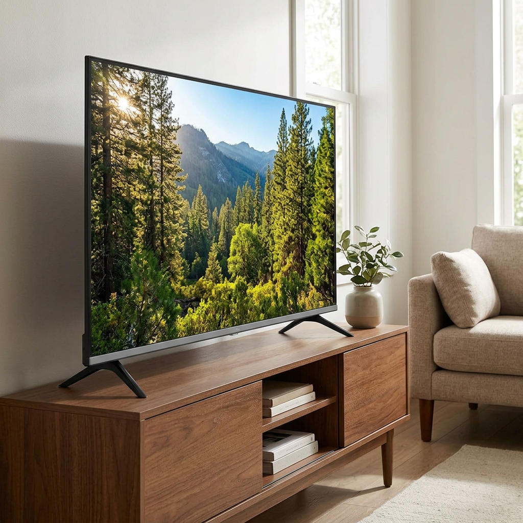 AI-edited Vitron 43-inch TV in living room; furnishings not included.