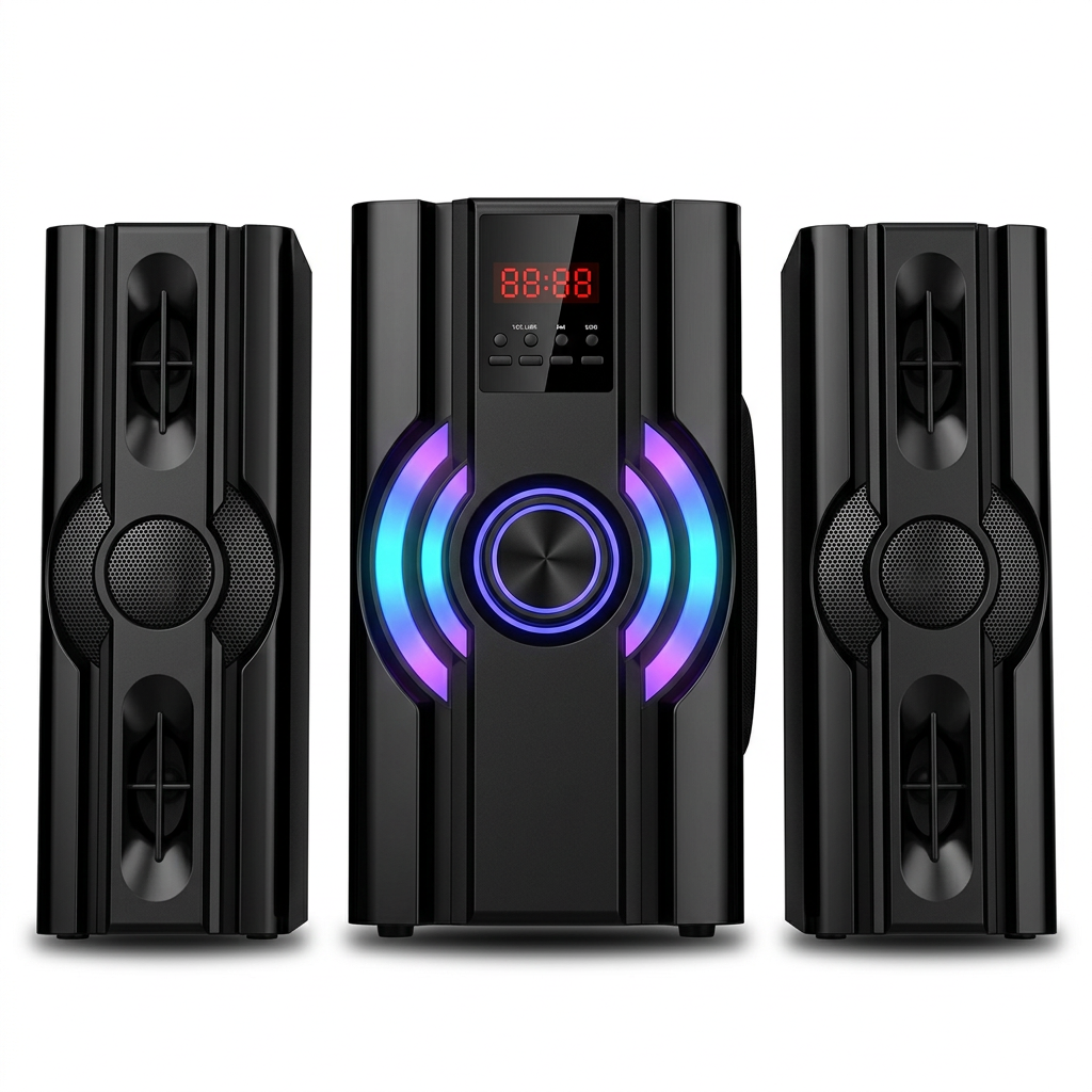 AI-edited woofer and two satellites based on main listing reference; exact V520 model appearance requires confirmation.
