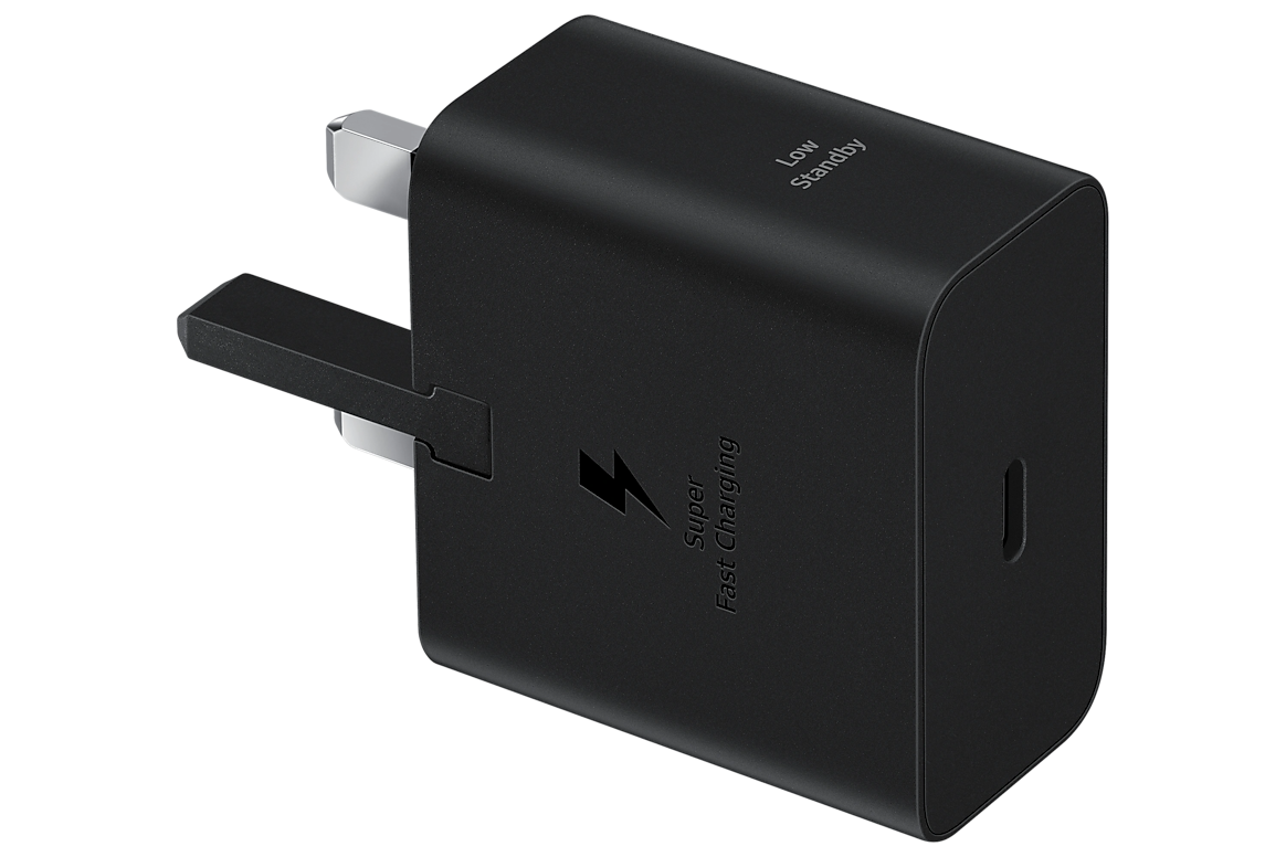 Samsung 25W charger, UK three-pin plug; manufacturer reference, adapter view only